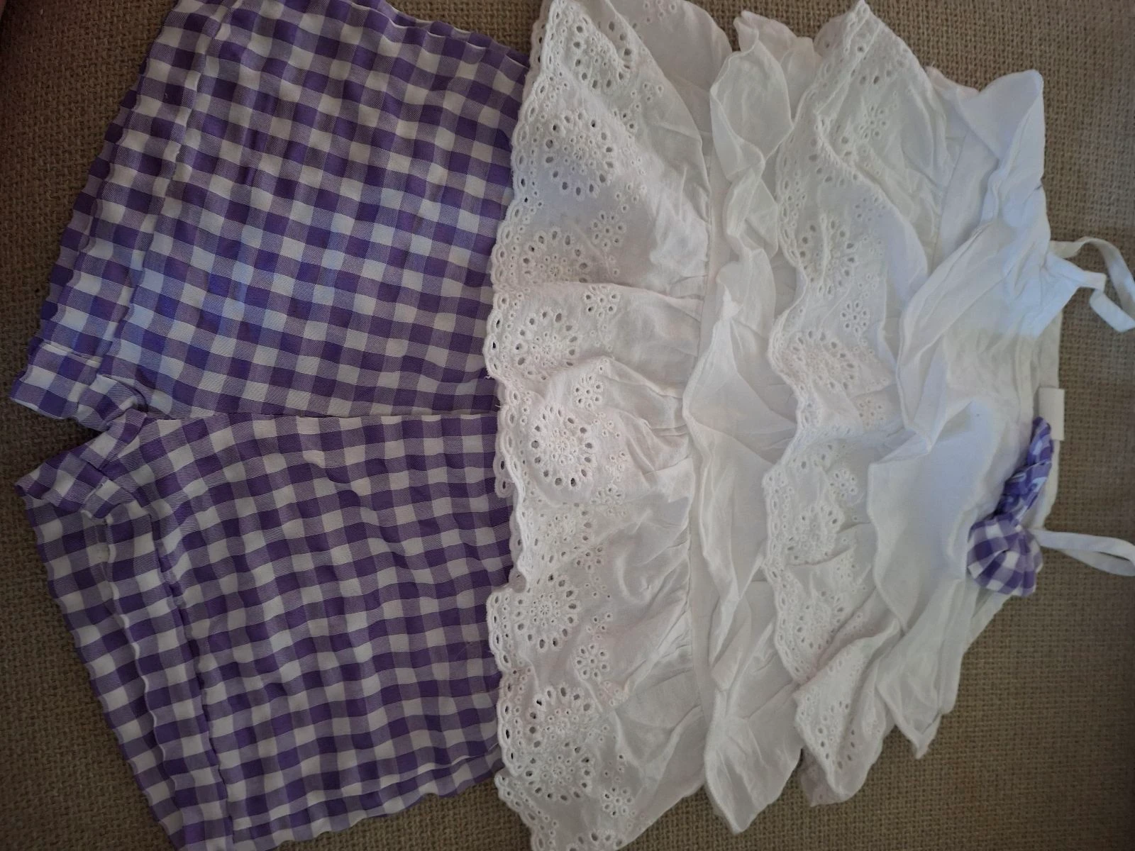 Ensemble été fille Top blanc volanté broderie anglaise et Short à carreaux vichy violet taille 4 ans